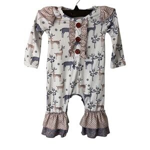 Deer Print Baby Girl Ruffled Romper One Piece Snap Closure Soft Material 6-12M